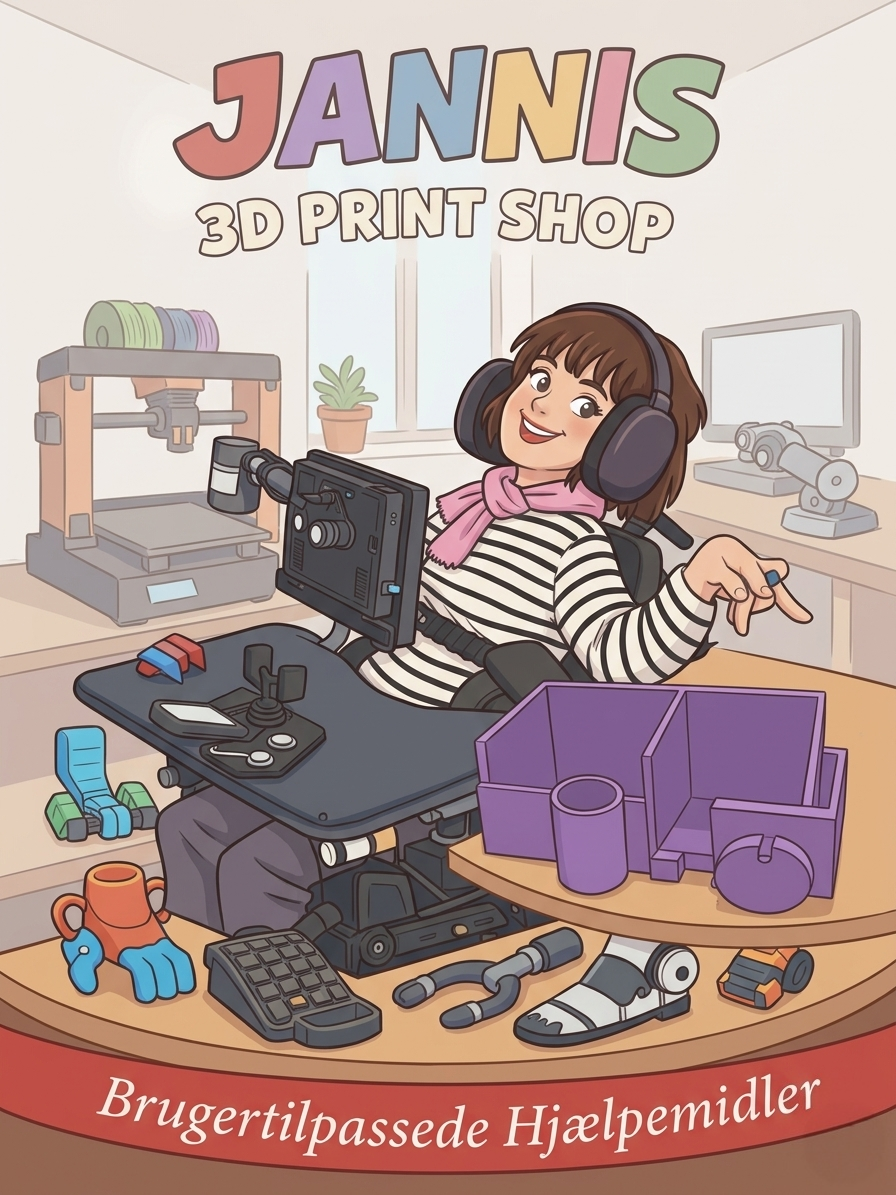 Janni Roldsgaard i sin elkörestol omgivet af 3D-printede produkter